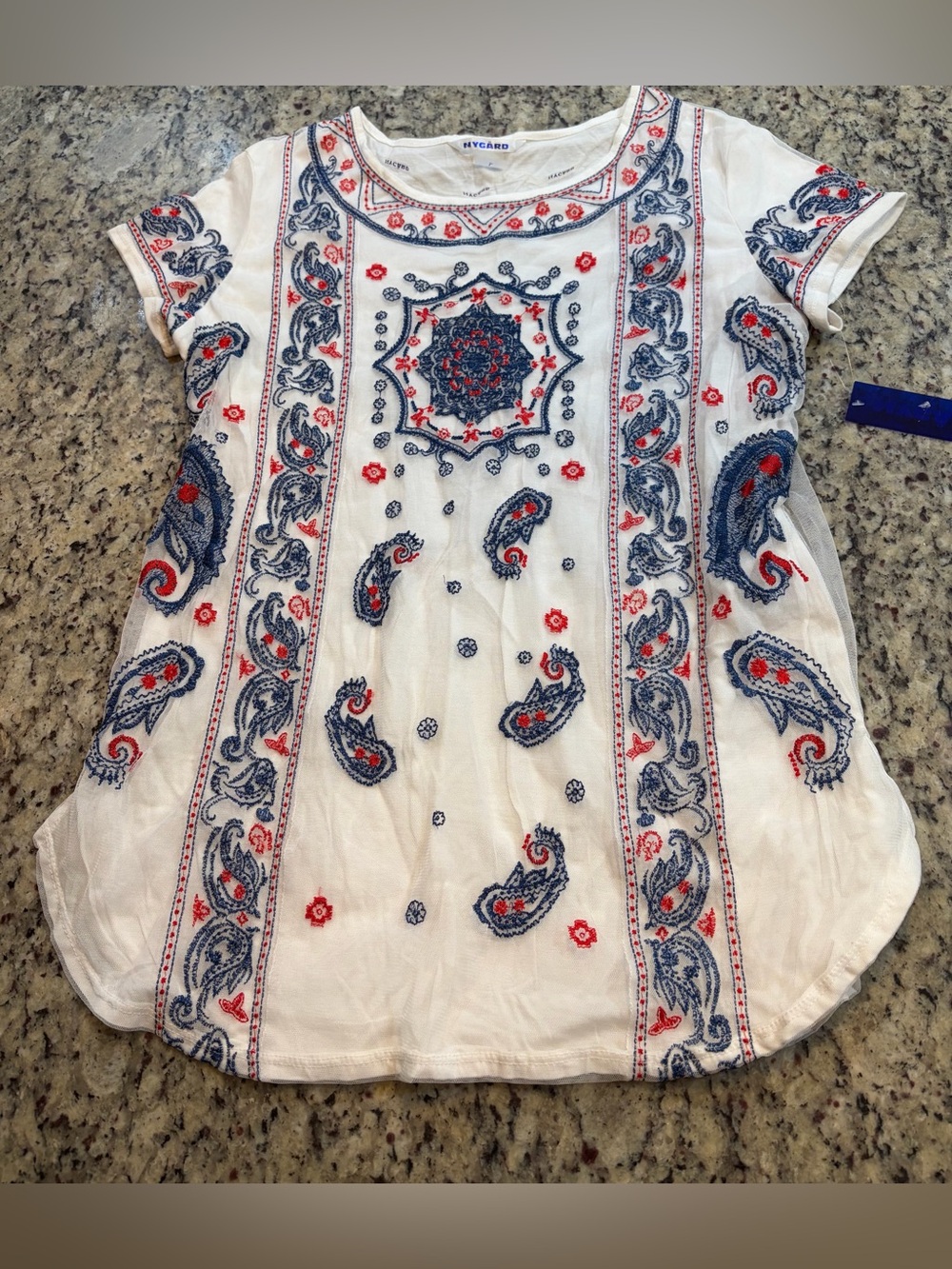 Nygard White Tunic with Blue & Red Paisley Embroidery